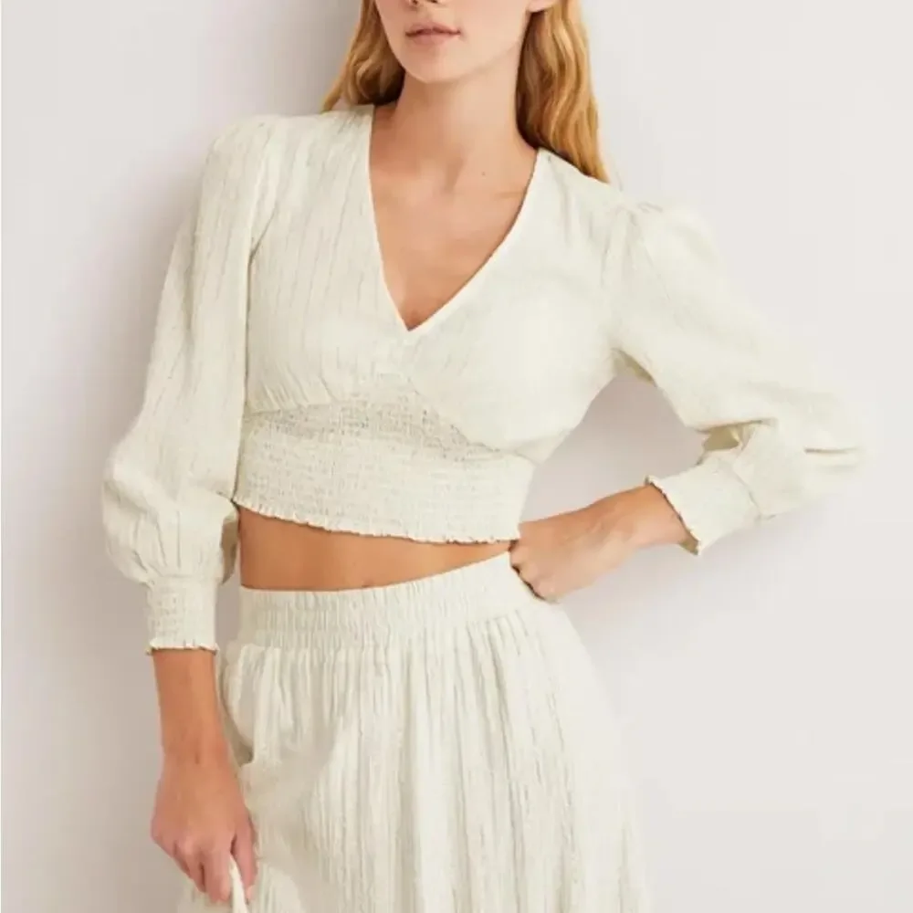 Boden Lurex Smocked Crop Top Ivory Crinkle NEW
